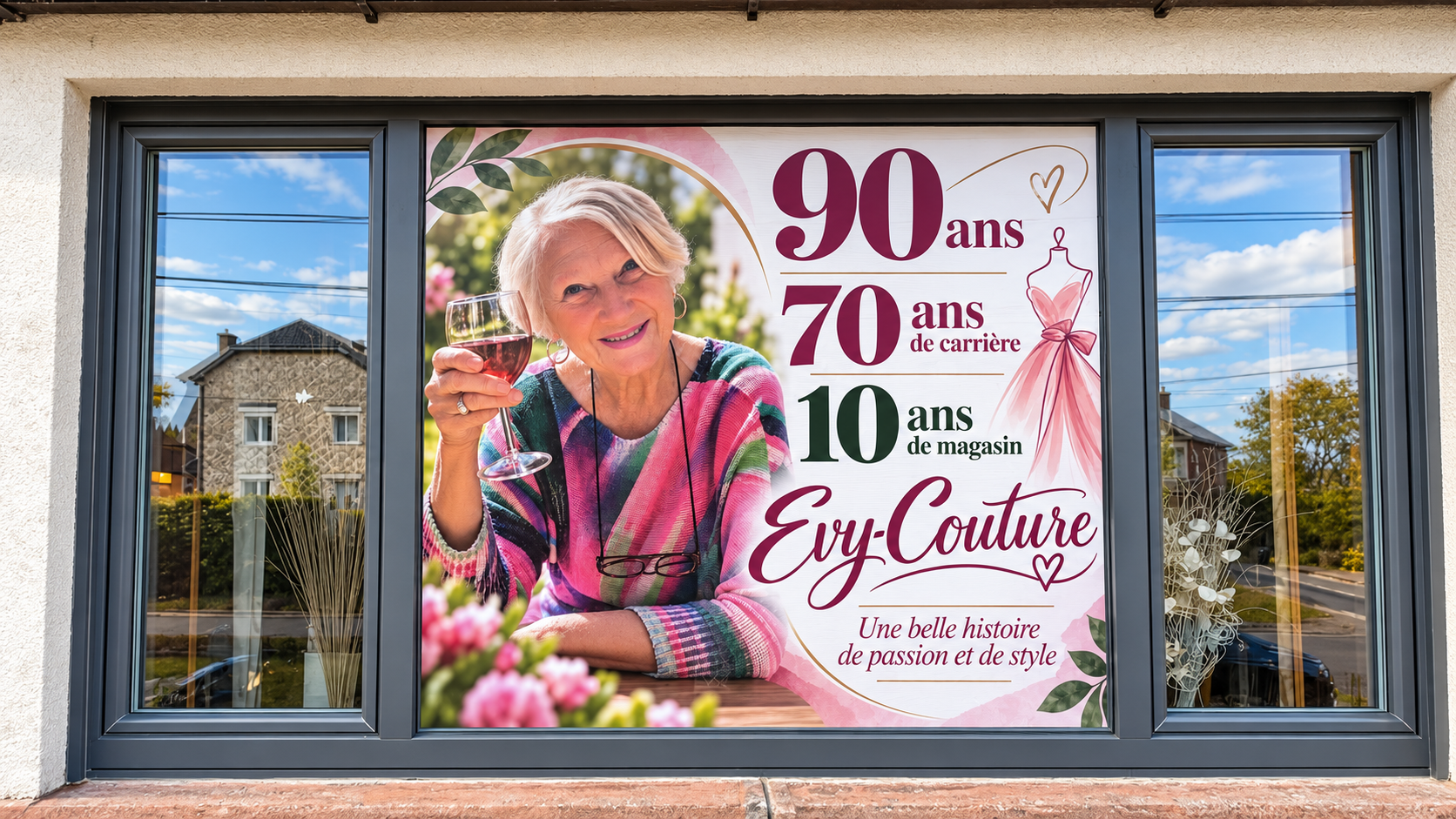 Visuel anniversaire d’Évelyne : 90 ans, 70 ans de carrière et 10 ans de magasin